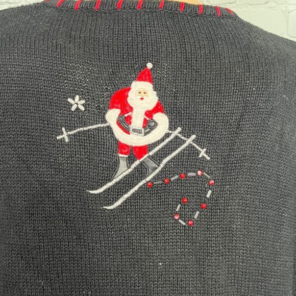 Skiing Santa Holiday Black Embroidered Cardigan Sweater XL Christmas - Picture 5 of 6